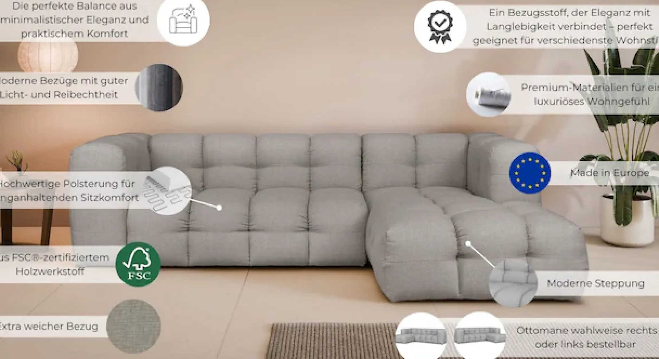 LeGer Home by Lena Gercke Ecksofa »TALISHA L-Form Designersofa, moderne Steppung, B/T/H: 276/178/75 cm« aufwendig gepolstert, hoher Sitzkomfort
