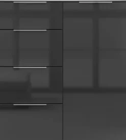 Manjana Möbel Highboard »mit Chrom oder Schwarz matten Metallgriffen & Glasfront, Soft-Close« melaminbeschichteter Korpus, mit Vollauszug, Made in Germany