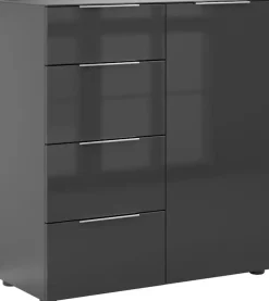 Manjana Möbel Highboard »mit Chrom oder Schwarz matten Metallgriffen & Glasfront, Soft-Close« melaminbeschichteter Korpus, mit Vollauszug, Made in Germany