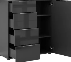 Manjana Möbel Highboard »mit Chrom oder Schwarz matten Metallgriffen & Glasfront, Soft-Close« melaminbeschichteter Korpus, mit Vollauszug, Made in Germany