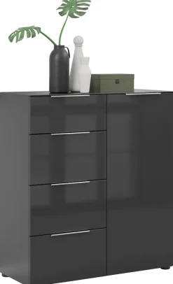 Manjana Möbel Highboard »mit Chrom oder Schwarz matten Metallgriffen & Glasfront, Soft-Close« melaminbeschichteter Korpus, mit Vollauszug, Made in Germany