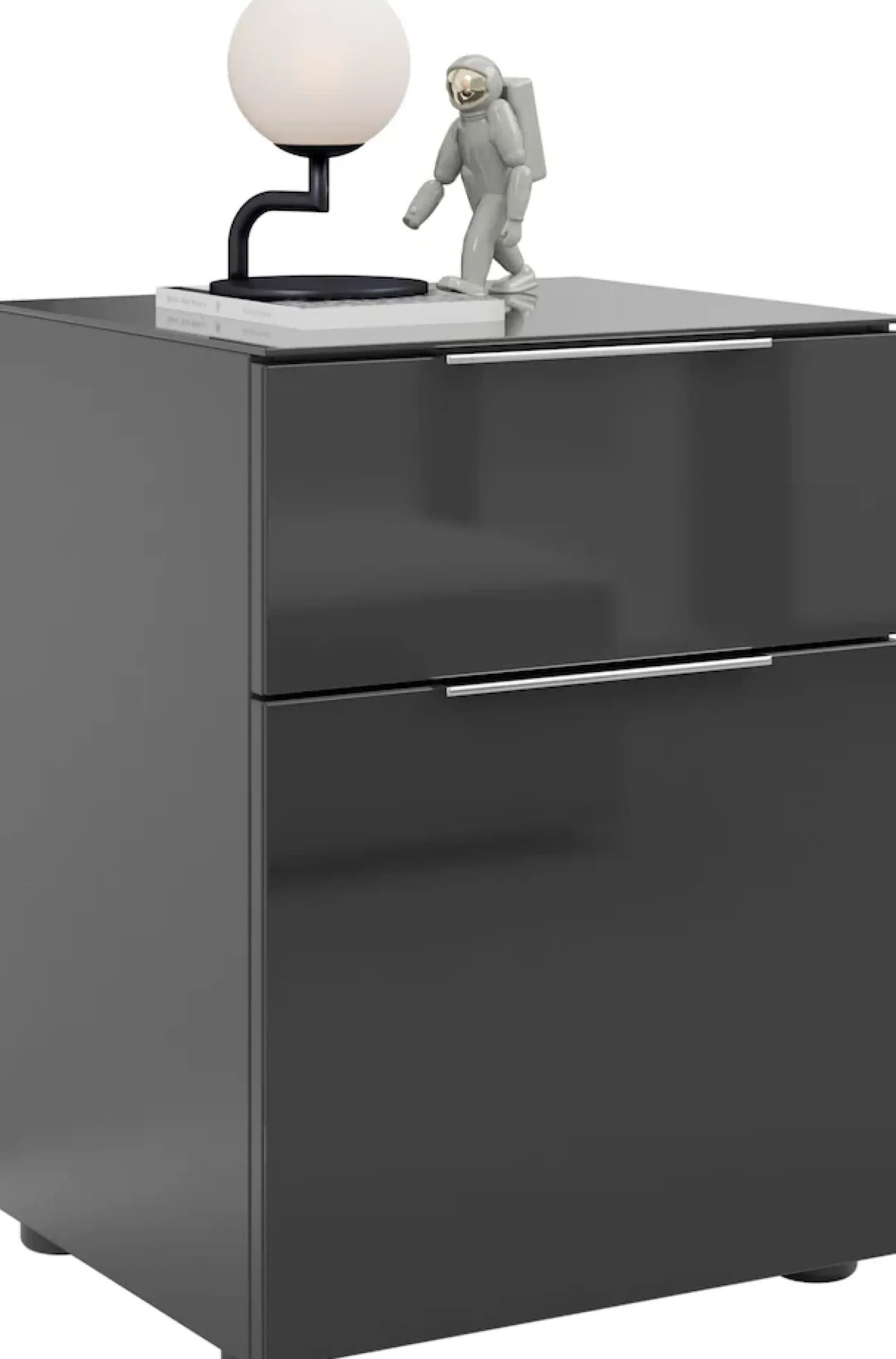 Manjana Möbel Nachtkommode »mit Chrom oder Schwarz matten Metallgriffen« mit Glasfronten, melaminbeschichtete Oberfläche, mit Vollauszug