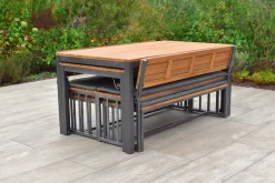 MERXX Garten-Essgruppe »Milos« Set, 4 Bänke (2x mit und 2x ohne Rückenlehne), 2 Tische, 4 Sitzkissen, 10 Stk. tlg. Set ist komplett ineinander verstaubar, geeignet für 12 Personen