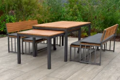 MERXX Garten-Essgruppe »Milos« Set, 4 Bänke (2x mit und 2x ohne Rückenlehne), 2 Tische, 4 Sitzkissen, 10 Stk. tlg. Set ist komplett ineinander verstaubar, geeignet für 12 Personen