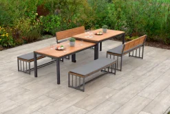 MERXX Garten-Essgruppe »Milos« Set, 4 Bänke (2x mit und 2x ohne Rückenlehne), 2 Tische, 4 Sitzkissen, 10 Stk. tlg. Set ist komplett ineinander verstaubar, geeignet für 12 Personen