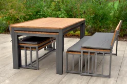 MERXX Garten-Essgruppe »Milos« Set, 4 Bänke (2x mit und 2x ohne Rückenlehne), 2 Tische, 4 Sitzkissen, 10 Stk. tlg. Set ist komplett ineinander verstaubar, geeignet für 12 Personen