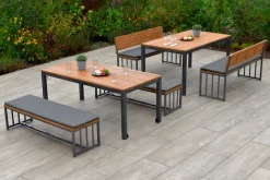 MERXX Garten-Essgruppe »Milos« Set, 4 Bänke (2x mit und 2x ohne Rückenlehne), 2 Tische, 4 Sitzkissen, 10 Stk. tlg. Set ist komplett ineinander verstaubar, geeignet für 12 Personen