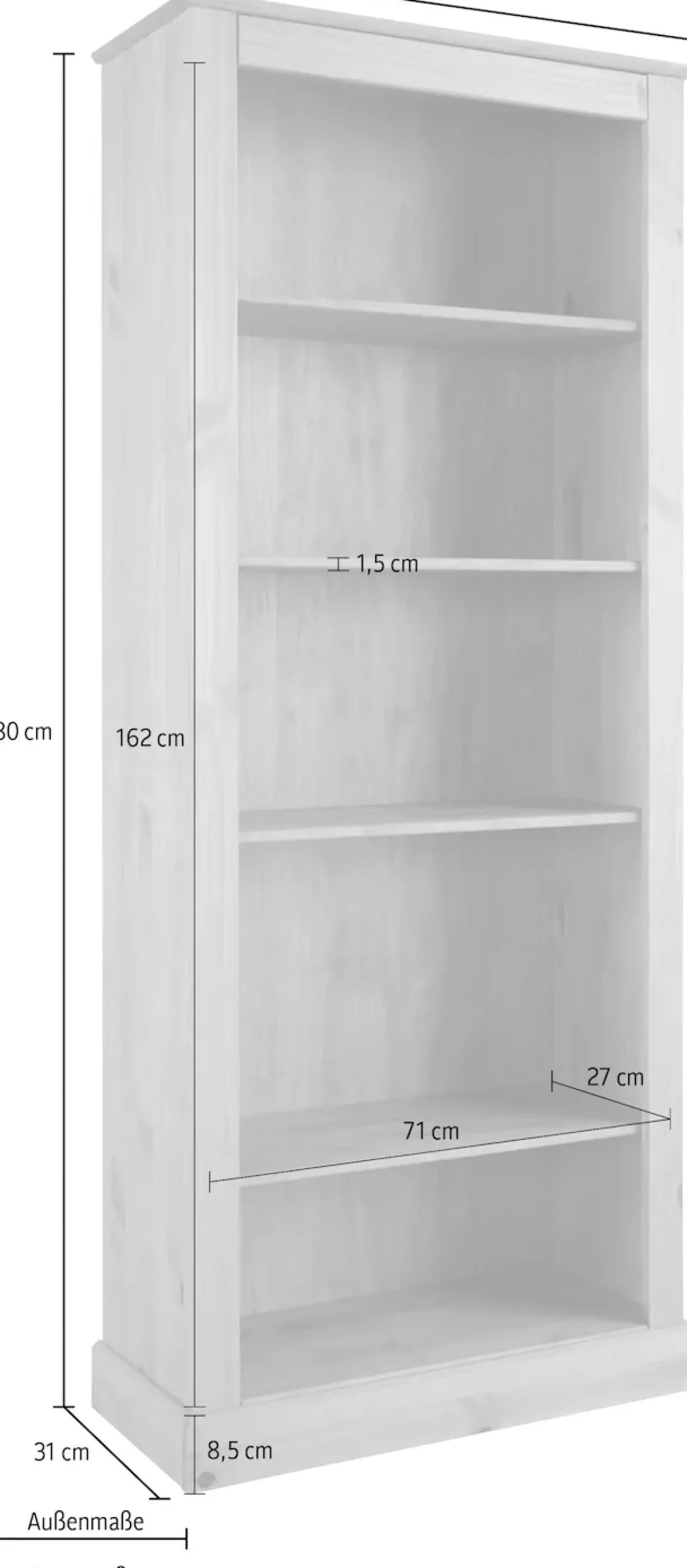 OTTO home Bücherregal »Liotta« mit 4 verstellbare Einlegeböden, aus massivem Kiefernholz