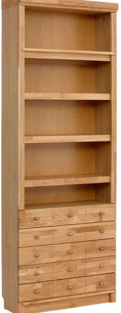 OTTO home Bücherregal »Soeren Eiche Regal mit 5 breiten Schubkästen in geteilter Optik« T/H: 80/29/220 cm, Eiche teilmassiv, FSC®, elegante Metallgriffe