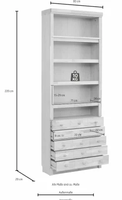 OTTO home Bücherregal »Soeren Eiche Regal mit 5 breiten Schubkästen in geteilter Optik« T/H: 80/29/220 cm, Eiche teilmassiv, FSC®, elegante Metallgriffe
