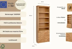 OTTO home Bücherregal »Soeren Eiche Regal mit 5 breiten Schubkästen in geteilter Optik« T/H: 80/29/220 cm, Eiche teilmassiv, FSC®, elegante Metallgriffe