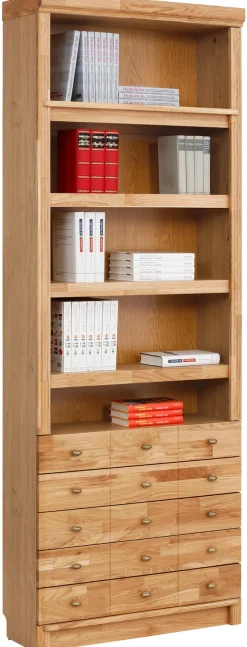 OTTO home Bücherregal »Soeren Eiche Regal mit 5 breiten Schubkästen in geteilter Optik« T/H: 80/29/220 cm, Eiche teilmassiv, FSC®, elegante Metallgriffe