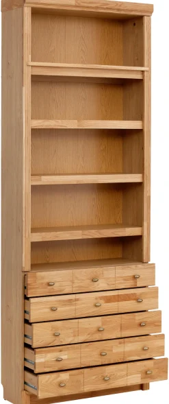OTTO home Bücherregal »Soeren Eiche Regal mit 5 breiten Schubkästen in geteilter Optik« T/H: 80/29/220 cm, Eiche teilmassiv, FSC®, elegante Metallgriffe