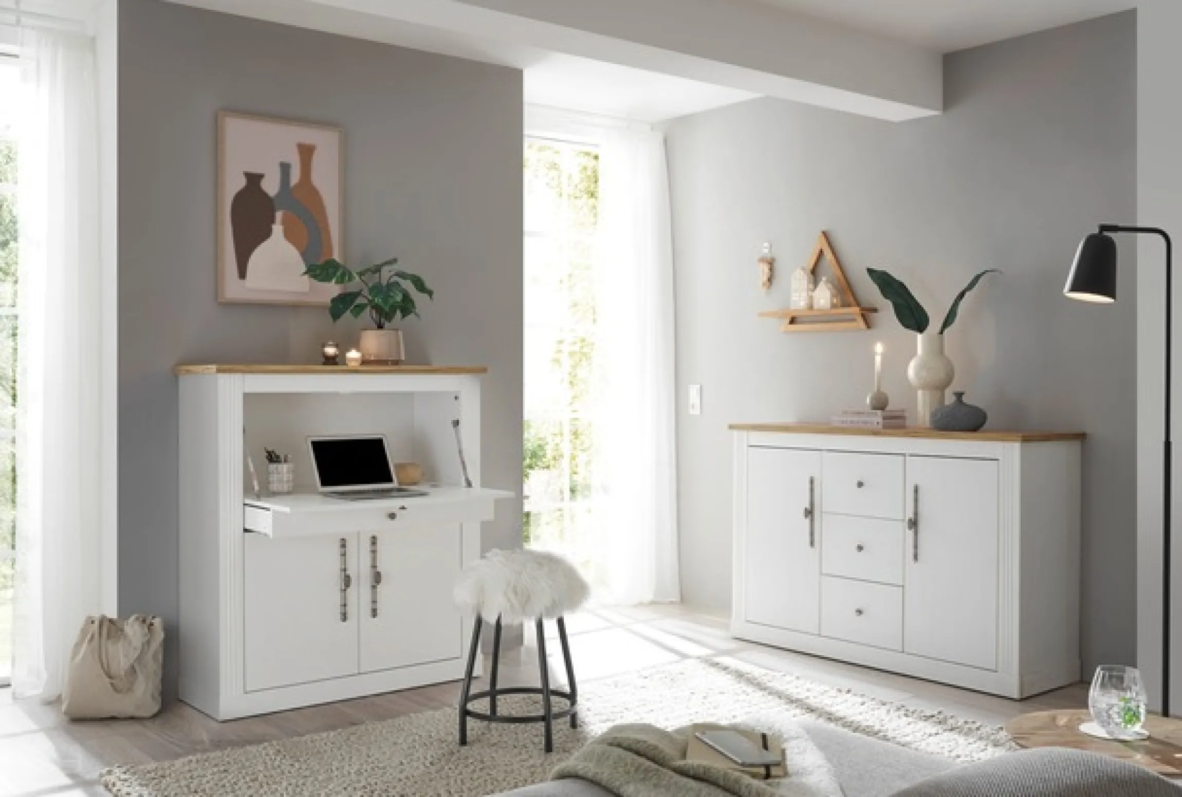 OTTO home Büromöbel-Set »Westminster, wohnliches Home-Office, Büro in zwei Farben verfügbar« Set, 2 tlg. enthält Sekretär und Sideboard im Landhausstil, mit Kabelkanal