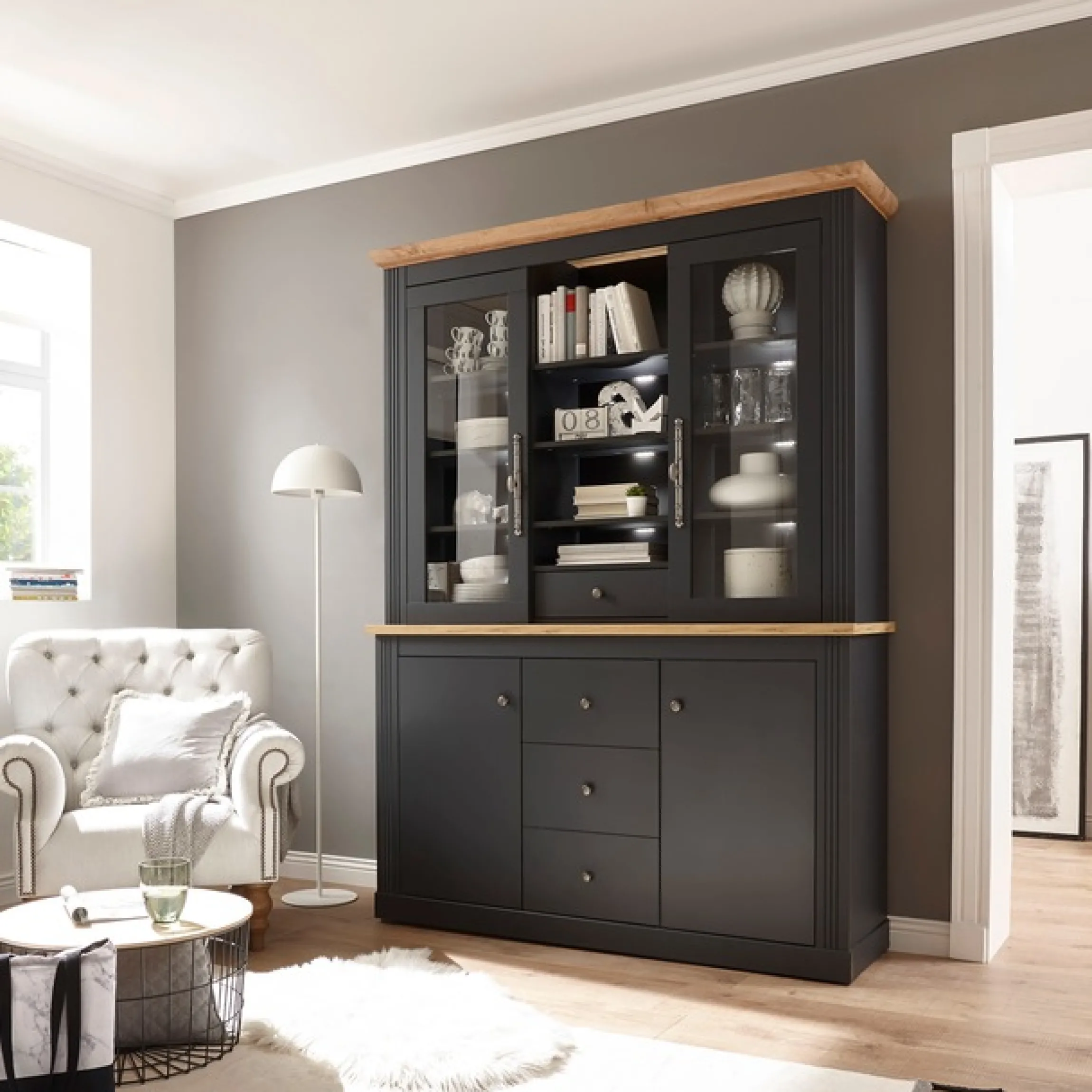 OTTO home Buffet »Westminster, Buffetschrank im Landhausstil, Schrank, Hochschrank« Metallgriffe, ausreichend Stauraum, in 2 Farben erhältlich