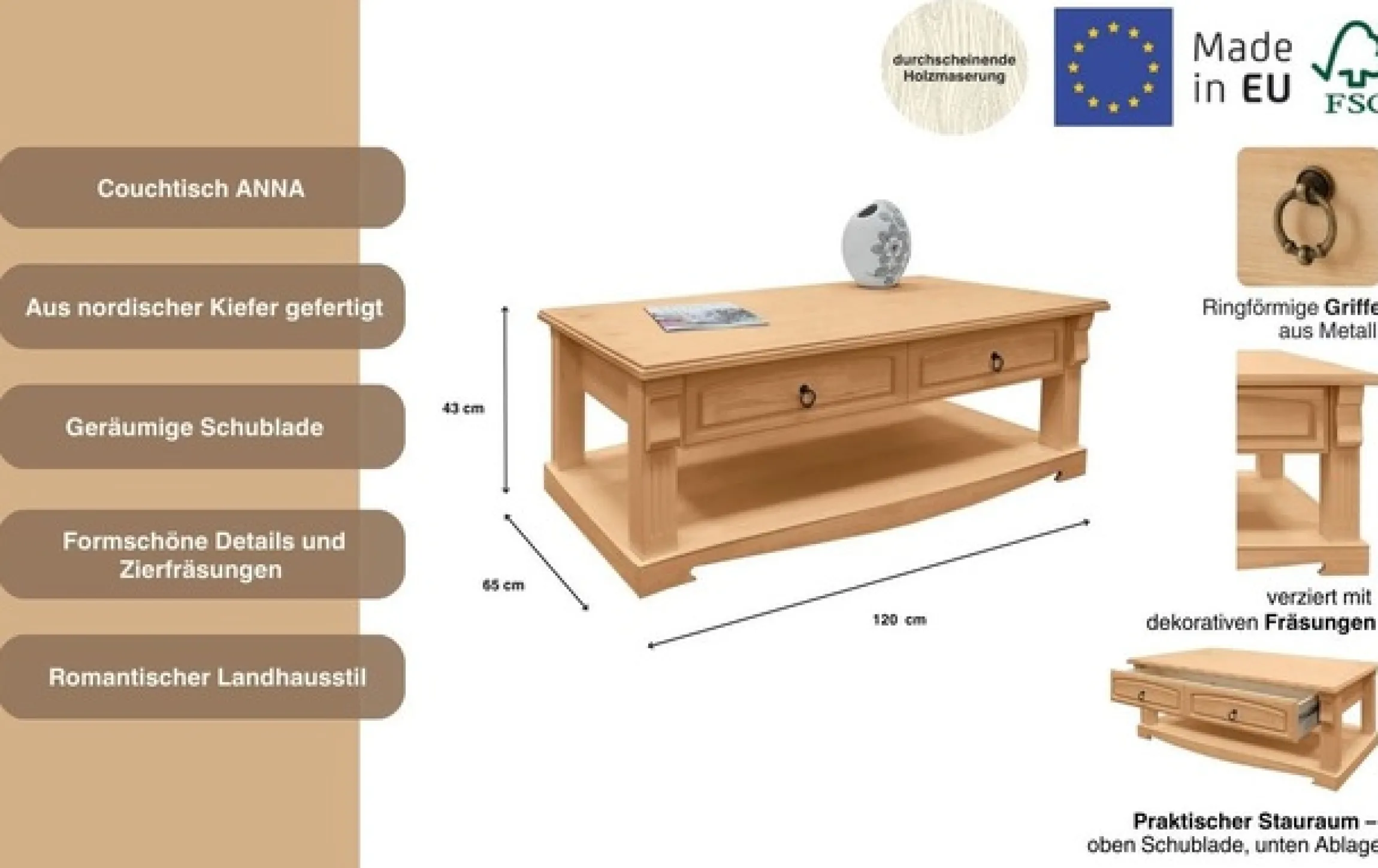 OTTO home Couchtisch »Anna« Gesamtmaße (B/T/H): ca. 120/65/43 cm,Kaffeetisch mit Schublade und Ablage, Massivholz, FSC®
