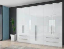 OTTO home Drehtürenschrank »Piano, inklusive Rahmen und Beleuchtung, soft-close-Funktion« 277 oder 322cm breit, 226cm hoch, mit 4 Schubladen,UV lackiert, hochglänzend weiß oder beige, FSC-zertifiziert