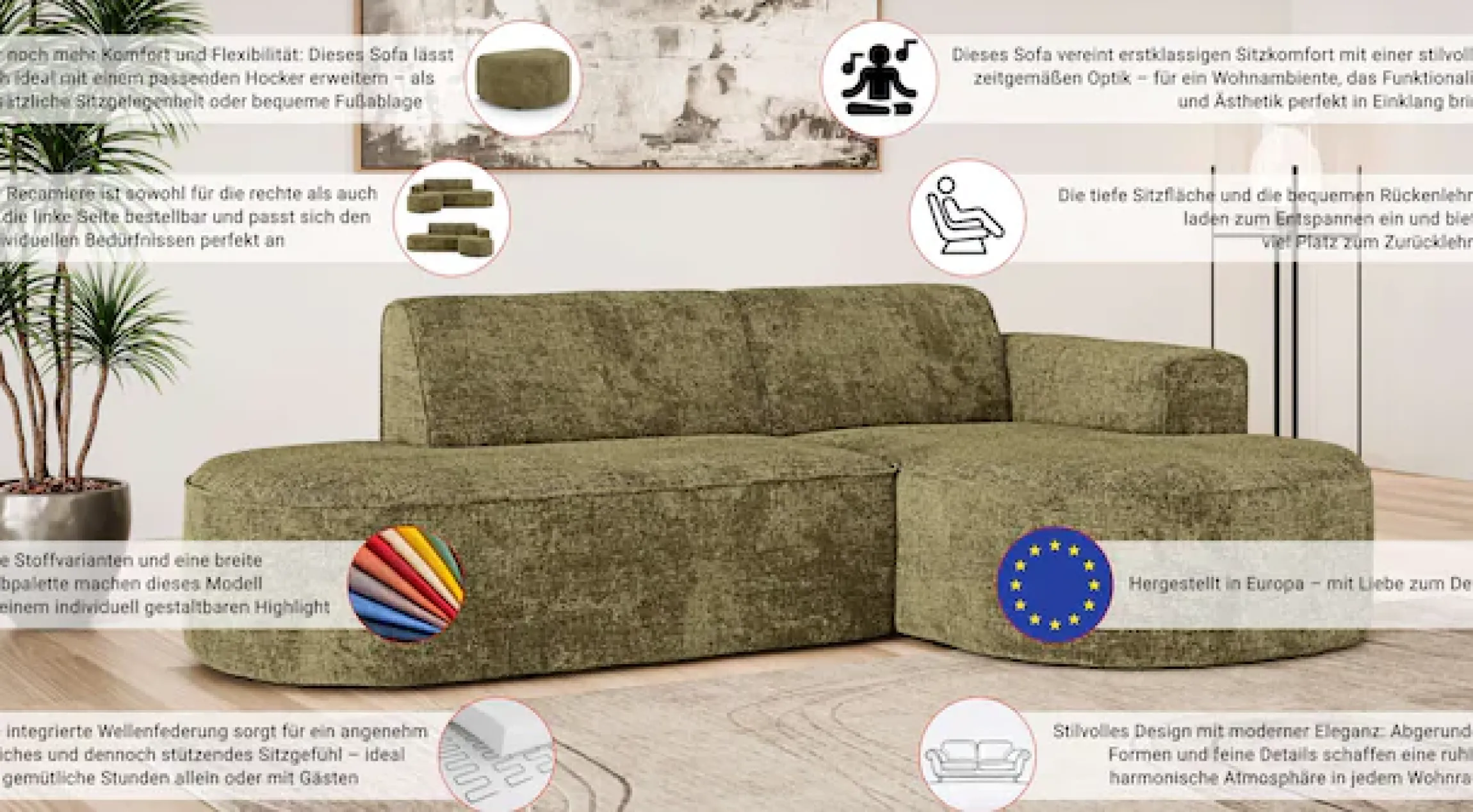 OTTO home Ecksofa »ADELLA XL Design-Sofa mit Recamiere rechts/links, 263/159/76 cm« L-Form XL mit Wellenunterfederung, runde Form, auch in Cord