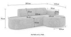 OTTO home Ecksofa »ADELLA XL Design-Sofa mit Recamiere rechts/links, 263/159/76 cm« L-Form XL mit Wellenunterfederung, runde Form, auch in Cord