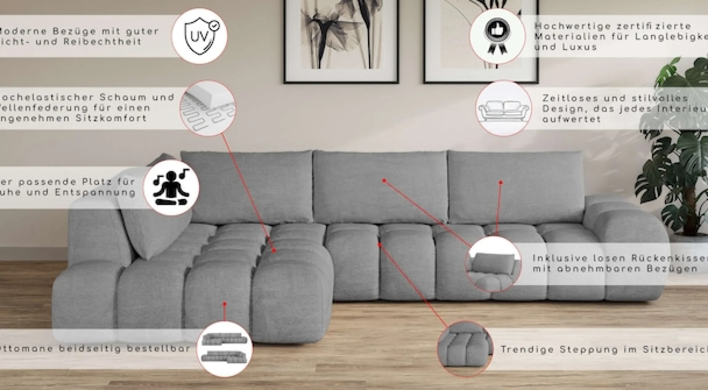 OTTO home Ecksofa »AZITA L-Form, XL 296 cm - Designsofa in Bubble-Optik« lose Rückenkissen, traumhafte Steppung