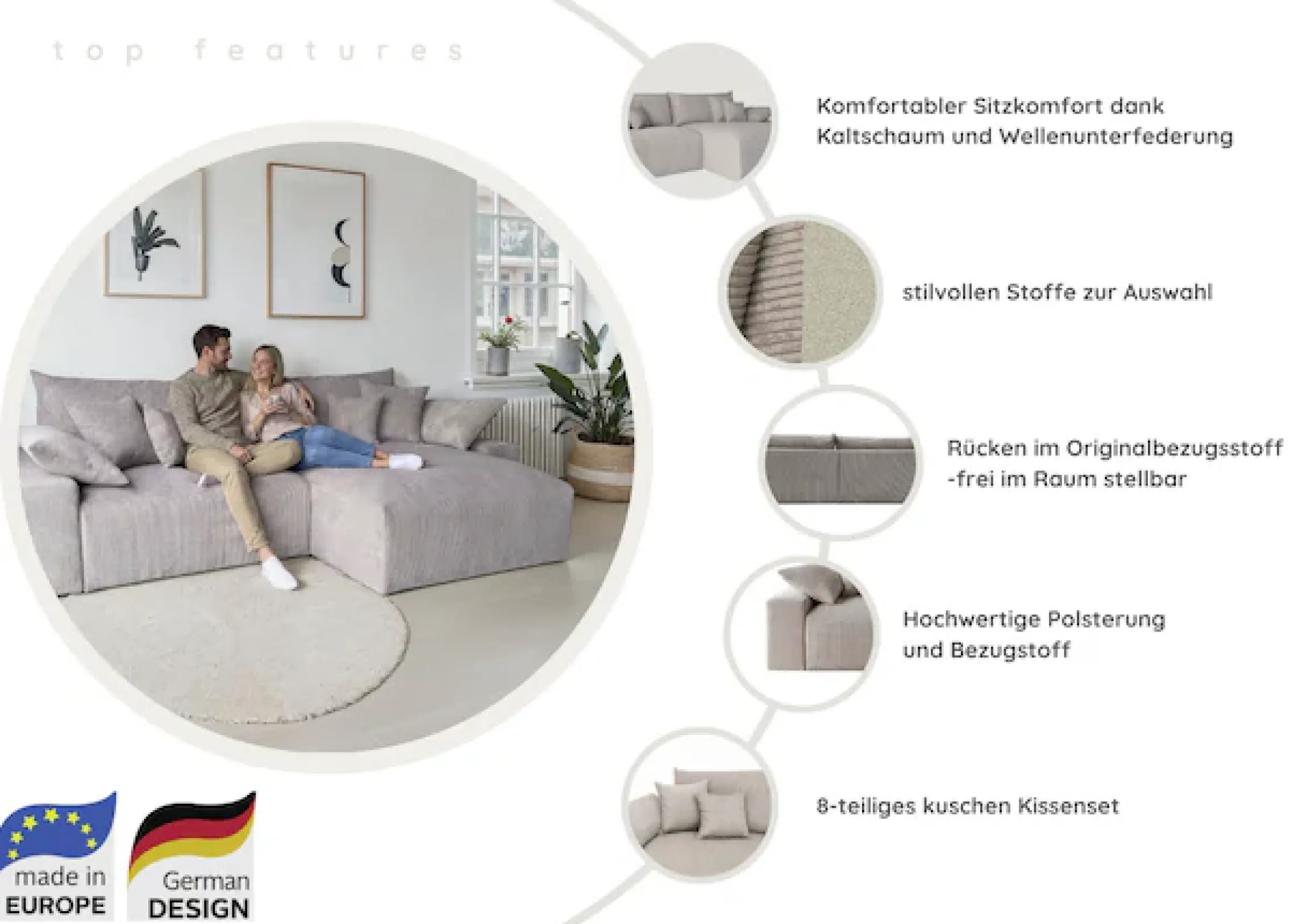 OTTO home Ecksofa Mega-Sofa wahlweise in Cord oder Bouclé, mit Federkern & 6 Zierkissen