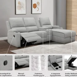 OTTO home Ecksofa »NAPORI Lederoptik, Multimediasofa, 3er Kinosessel XXL, L-Form« Kinosofa, manuelle o. elektr. Relaxfunktion, Staufach, Getränkehalter