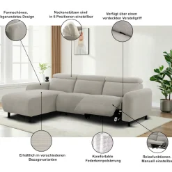 OTTO home Ecksofa »SKAANE in Cord, L-Form, 274 cm, manuelle u. elektrische Relaxfunktion,« rundes Design, Kopfteilverstellung, Federkernpolsterung