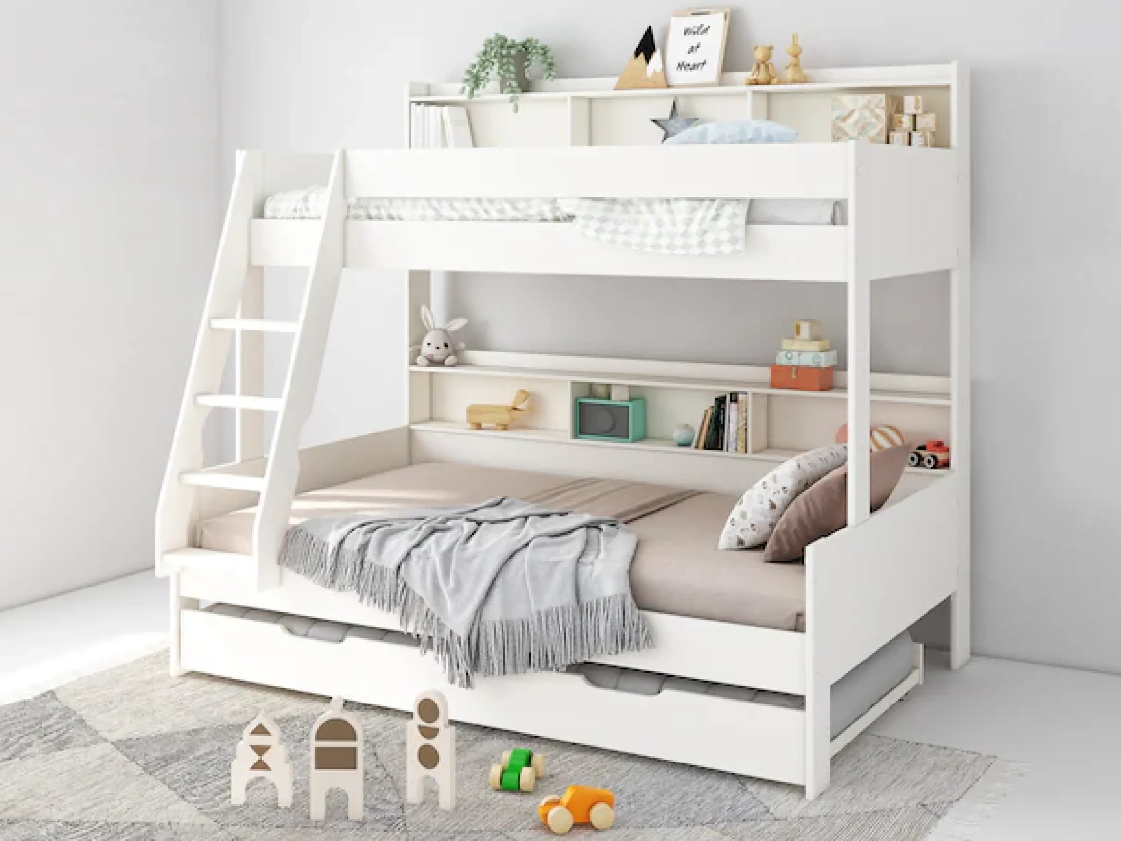 OTTO home Etagenbett »Jaime II, Stockbett, viel Stauraum, mit Regalen, Massivholz mit MDF« Oberes Bett 90x200cm, unteres Bett 120x200cm,breite Liegefläche unten, FSC®, Made EU, 3. Schlafgelegenheit optional
