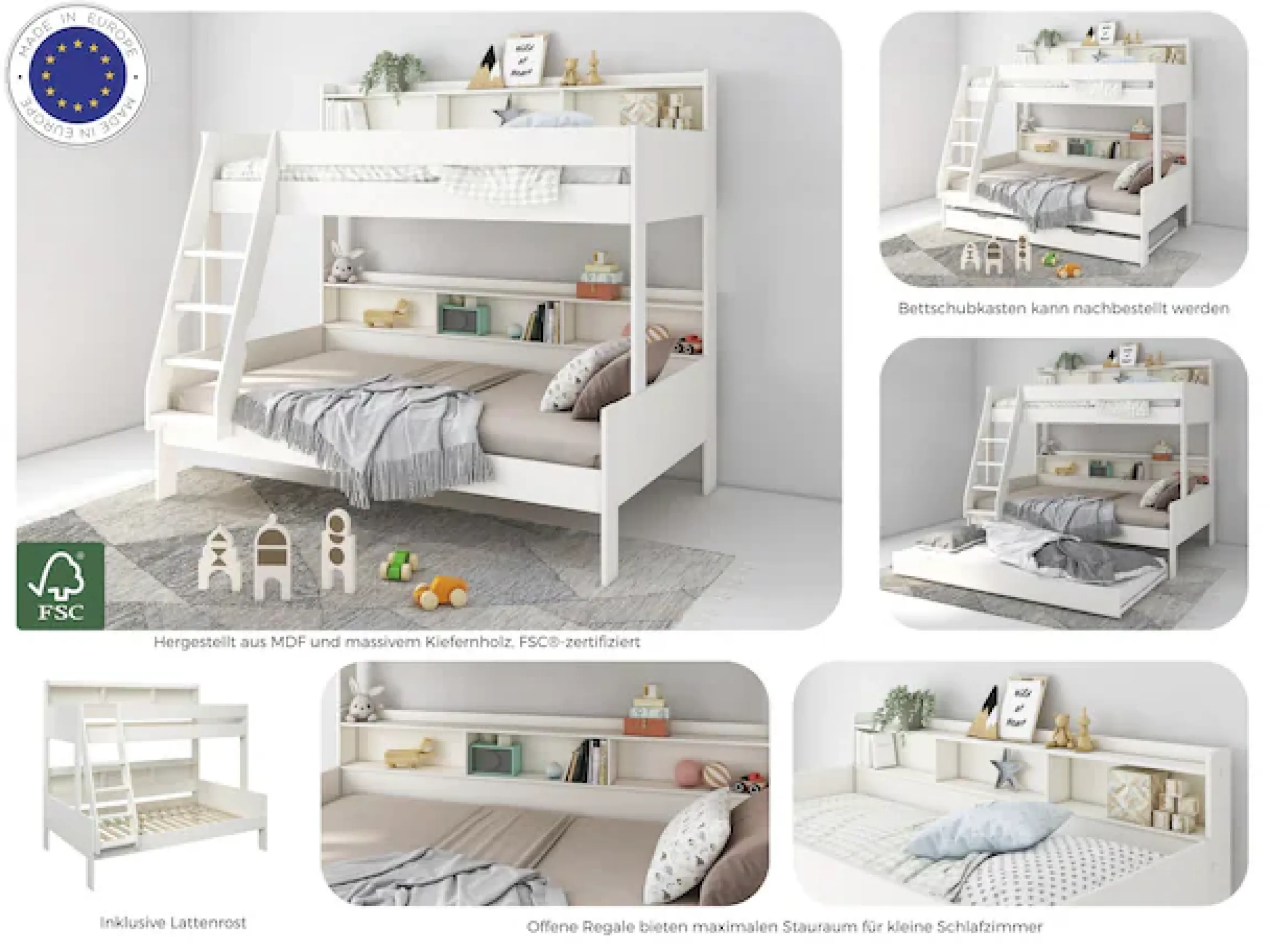 OTTO home Etagenbett »Jaime II, Stockbett, viel Stauraum, mit Regalen, Massivholz mit MDF« Oberes Bett 90x200cm, unteres Bett 120x200cm,breite Liegefläche unten, FSC®, Made EU, 3. Schlafgelegenheit optional