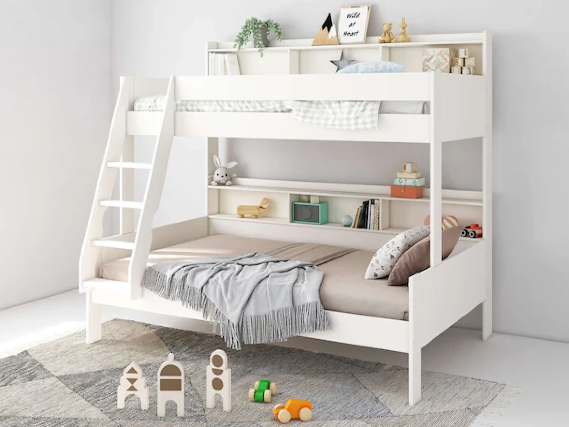OTTO home Etagenbett »Jaime II, Stockbett, viel Stauraum, mit Regalen, Massivholz mit MDF« Oberes Bett 90x200cm, unteres Bett 120x200cm,breite Liegefläche unten, FSC®, Made EU, 3. Schlafgelegenheit optional