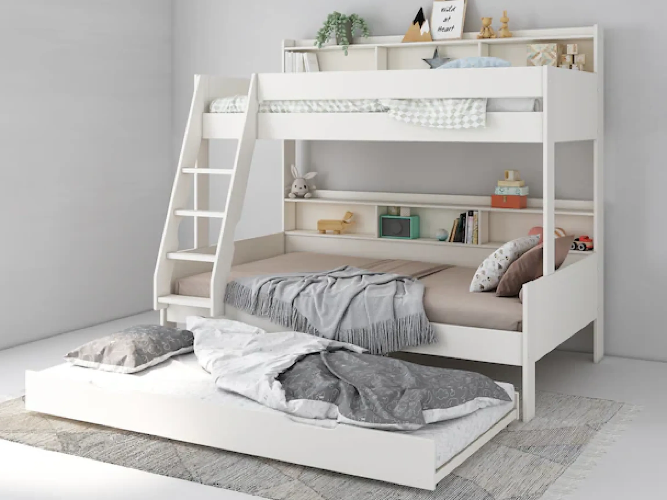 OTTO home Etagenbett »Jaime II, Stockbett, viel Stauraum, mit Regalen, Massivholz mit MDF« Oberes Bett 90x200cm, unteres Bett 120x200cm,breite Liegefläche unten, FSC®, Made EU, 3. Schlafgelegenheit optional