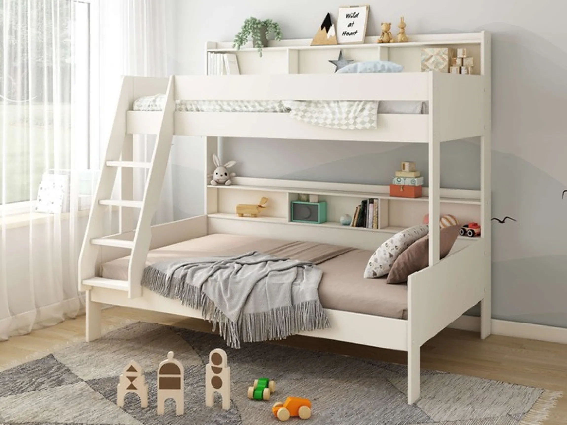 OTTO home Etagenbett »Jaime II, Stockbett, viel Stauraum, mit Regalen, Massivholz mit MDF« Oberes Bett 90x200cm, unteres Bett 120x200cm,breite Liegefläche unten, FSC®, Made EU, 3. Schlafgelegenheit optional