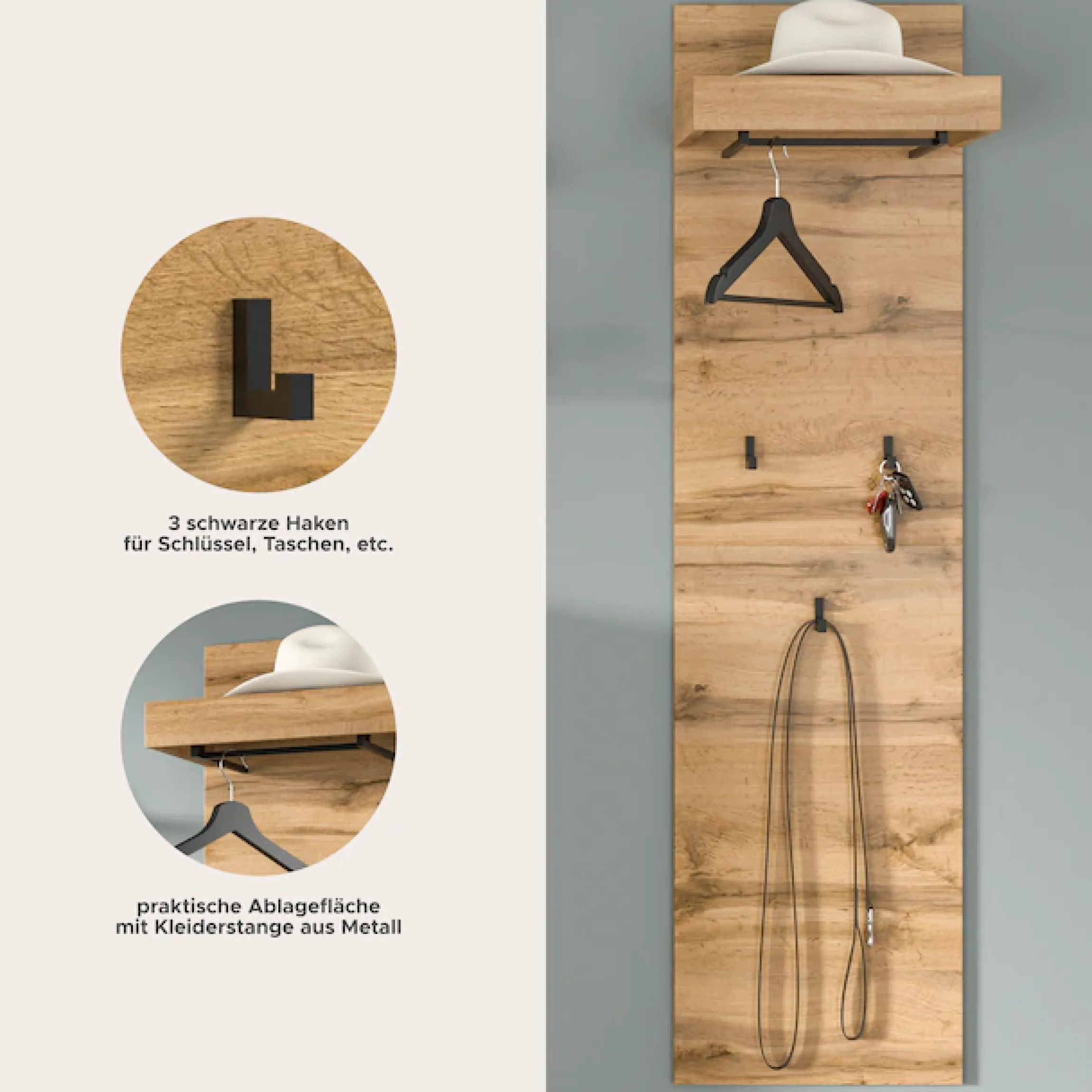 OTTO home Garderobenpaneel »MAMBO II, Höhe 150cm, 1 Kleiderstange & Hutablage, 3 Haken« individuell mit weiteren Artikeln der Serie MAMBO kombinierbar, 1 Stk. tlg. Paneel, Garderobe, Flur, Diele, Hakenleiste, Flurgarderobe