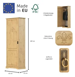 OTTO home Garderobenschrank »Lille Mehrzweckschrank Breite/Höhe: 67/187 cm« aus massiver Kiefer, mit schöner Lilien-Fräsung, Jugendstil-Griffe