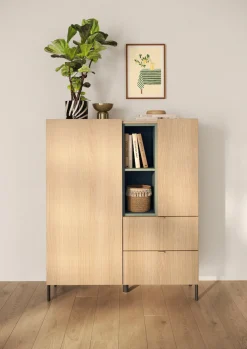 OTTO home Highboard »Badia, B/H 101/124 cm, 2 Türen, 2 Schubkästen, Stauraumschrank« Innenliegendes Top, gerade Metallfüße, salbeigrüne Farbakzente