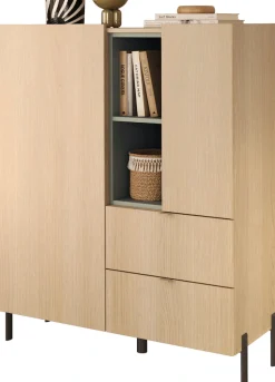 OTTO home Highboard »Badia, B/H 101/124 cm, 2 Türen, 2 Schubkästen, Stauraumschrank« Innenliegendes Top, gerade Metallfüße, salbeigrüne Farbakzente