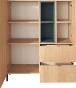 OTTO home Highboard »Badia, B/H 101/124 cm, 2 Türen, 2 Schubkästen, Stauraumschrank« Innenliegendes Top, gerade Metallfüße, salbeigrüne Farbakzente