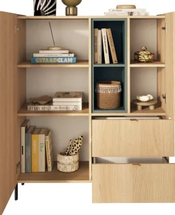OTTO home Highboard »Badia, B/H 101/124 cm, 2 Türen, 2 Schubkästen, Stauraumschrank« Innenliegendes Top, gerade Metallfüße, salbeigrüne Farbakzente