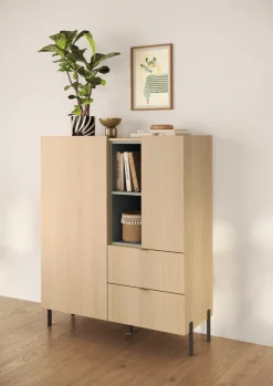OTTO home Highboard »Badia, B/H 101/124 cm, 2 Türen, 2 Schubkästen, Stauraumschrank« Innenliegendes Top, gerade Metallfüße, salbeigrüne Farbakzente