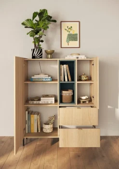 OTTO home Highboard »Badia, B/H 101/124 cm, 2 Türen, 2 Schubkästen, Stauraumschrank« Innenliegendes Top, gerade Metallfüße, salbeigrüne Farbakzente