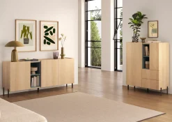 OTTO home Highboard »Badia, B/H 101/124 cm, 2 Türen, 2 Schubkästen, Stauraumschrank« Innenliegendes Top, gerade Metallfüße, salbeigrüne Farbakzente