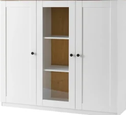 OTTO home Highboard »Brest, Schrank im Landhausstil, Sideboard, zeitloses Stauraumelement« schwarze Metallgriffe, ausreichend Stauraum, Glastür, 139 cm breit