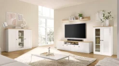 OTTO home Highboard »Brest, Schrank im Landhausstil, Sideboard, zeitloses Stauraumelement« schwarze Metallgriffe, ausreichend Stauraum, Glastür, 139 cm breit