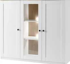 OTTO home Highboard »Brest, Schrank im Landhausstil, Sideboard, zeitloses Stauraumelement« schwarze Metallgriffe, ausreichend Stauraum, Glastür, 139 cm breit