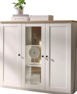 OTTO home Highboard »Brest, Schrank im Landhausstil, Sideboard, zeitloses Stauraumelement« schwarze Metallgriffe, ausreichend Stauraum, Glastür, 139 cm breit