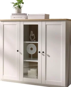 OTTO home Highboard »Brest, Schrank im Landhausstil, Sideboard, zeitloses Stauraumelement« schwarze Metallgriffe, ausreichend Stauraum, Glastür, 139 cm breit