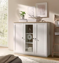 OTTO home Highboard »Brest, Schrank im Landhausstil, Sideboard, zeitloses Stauraumelement« schwarze Metallgriffe, ausreichend Stauraum, Glastür, 139 cm breit