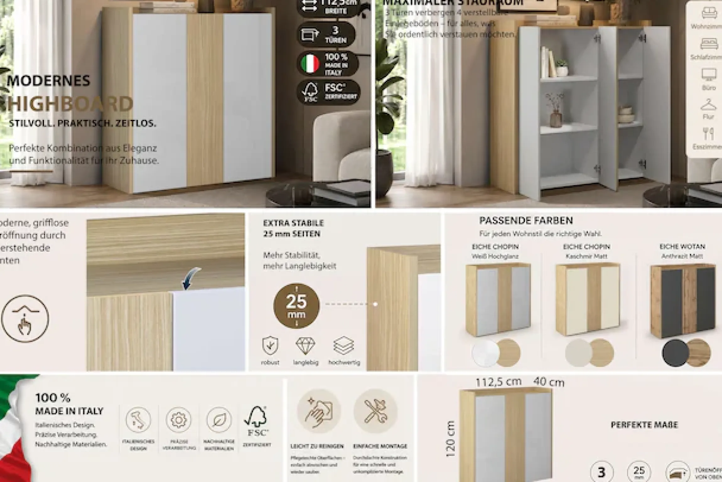 OTTO home Highboard »Highboard ALTEA, Kommode, Schrank, Kredenz« 1 Stk. tlg. Mit 3 Drehtüren, 6 Innenfächern, B.112,5 cm