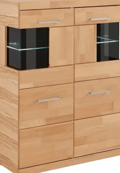 OTTO home Highboard »Ribe,85cm breit,115cm hoch, Fronten Massivholz,4 breite Fächer« Korpus Holzwerkstoff,2Türen mitGlaseinsatz, Böden versetzbar