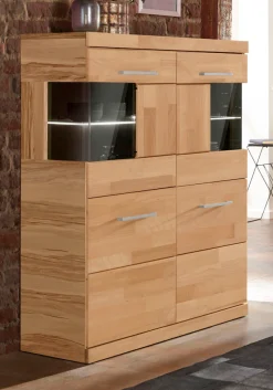 OTTO home Highboard »Ribe,85cm breit,115cm hoch, Fronten Massivholz,4 breite Fächer« Korpus Holzwerkstoff,2Türen mitGlaseinsatz, Böden versetzbar